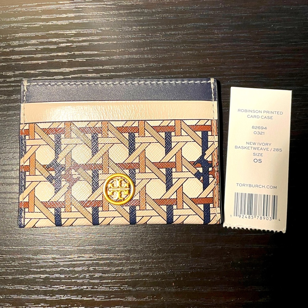 Tory Burch Robinson Printed Card Case New Ivory Basketweave
